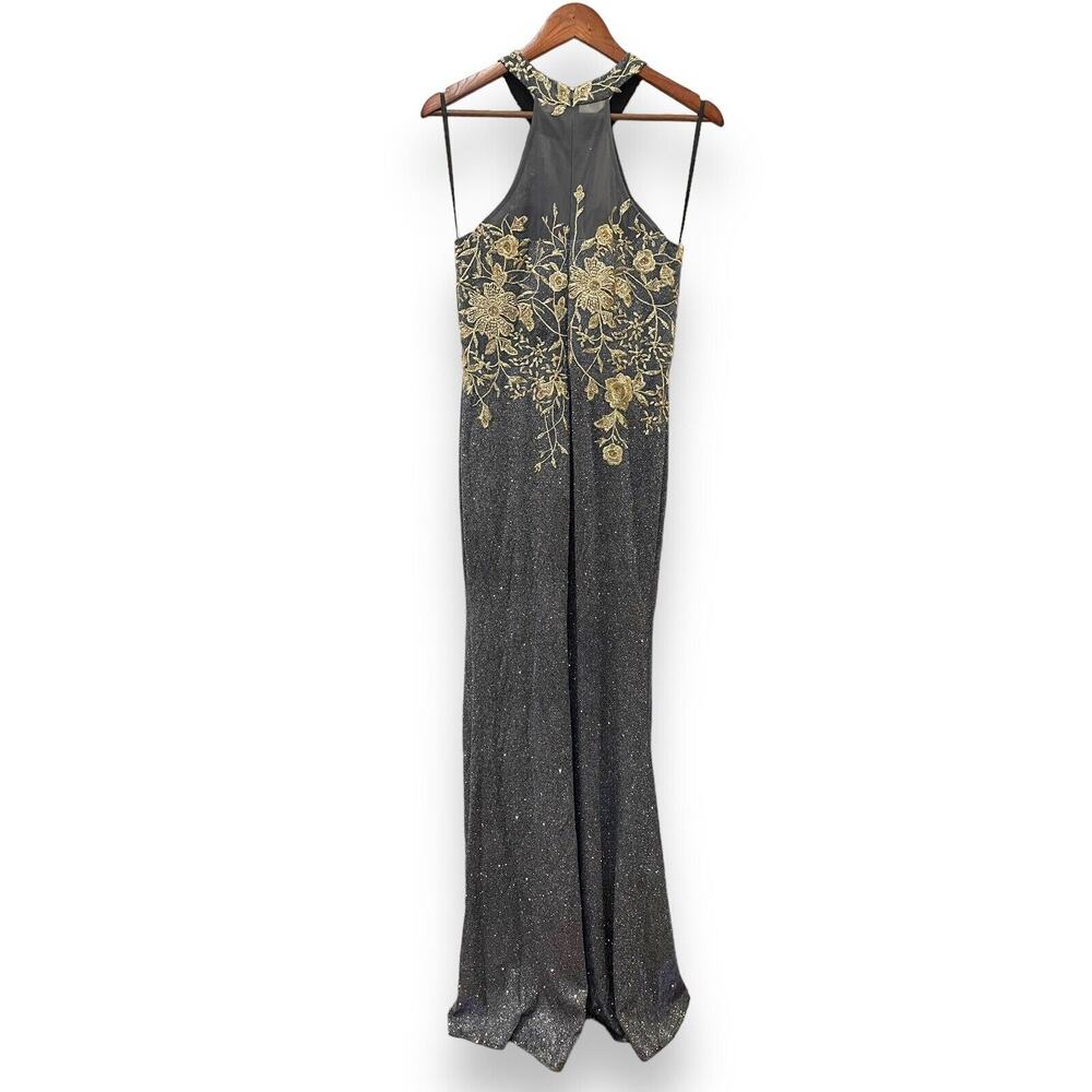 BETSY & ADAM Embroidered Metallic Floral Lace Bling Formal Maxi Blue Dress Sz 6 - Picture 2 of 8